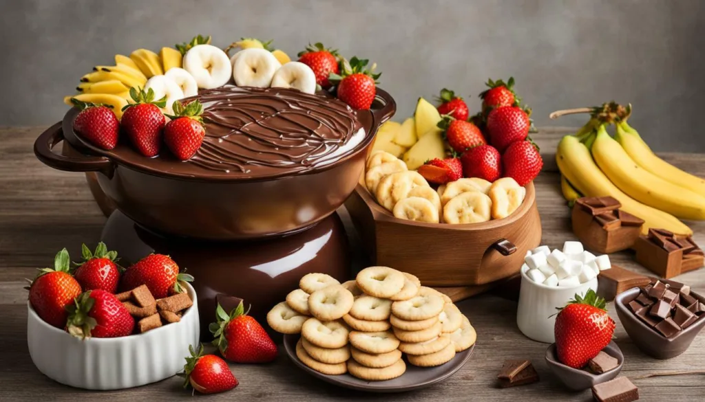 Chocolate Fondue with fruits and cookies